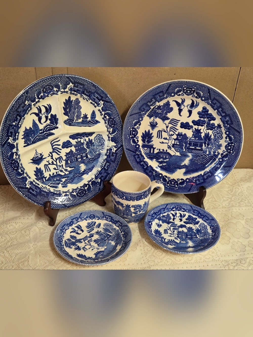 Vintage Blue Willow Dishes Plates & Mug Set